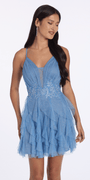 Camille La Vie Glitter Illusion Tiered Plunge Fit and Flare Dress