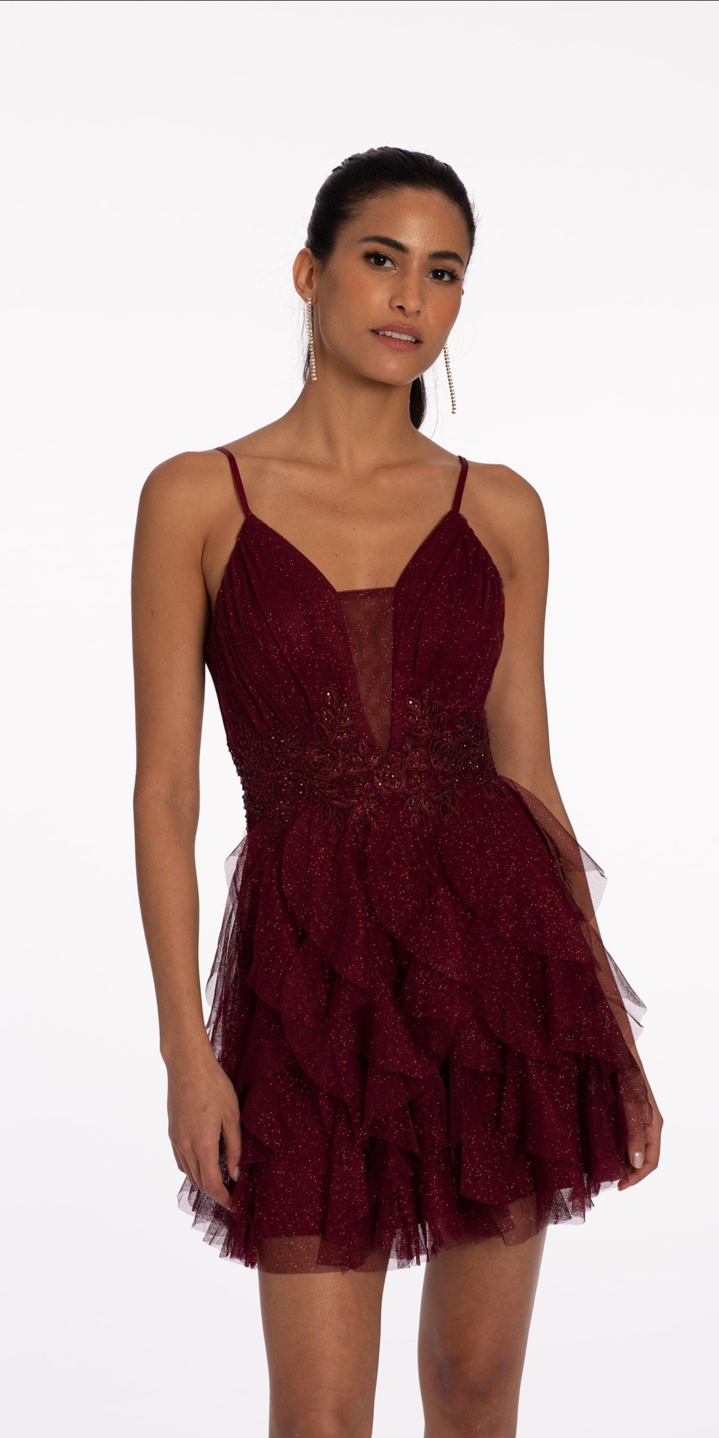 Camille La Vie Glitter Illusion Tiered Plunge Fit and Flare Dress missy / 4 / wine