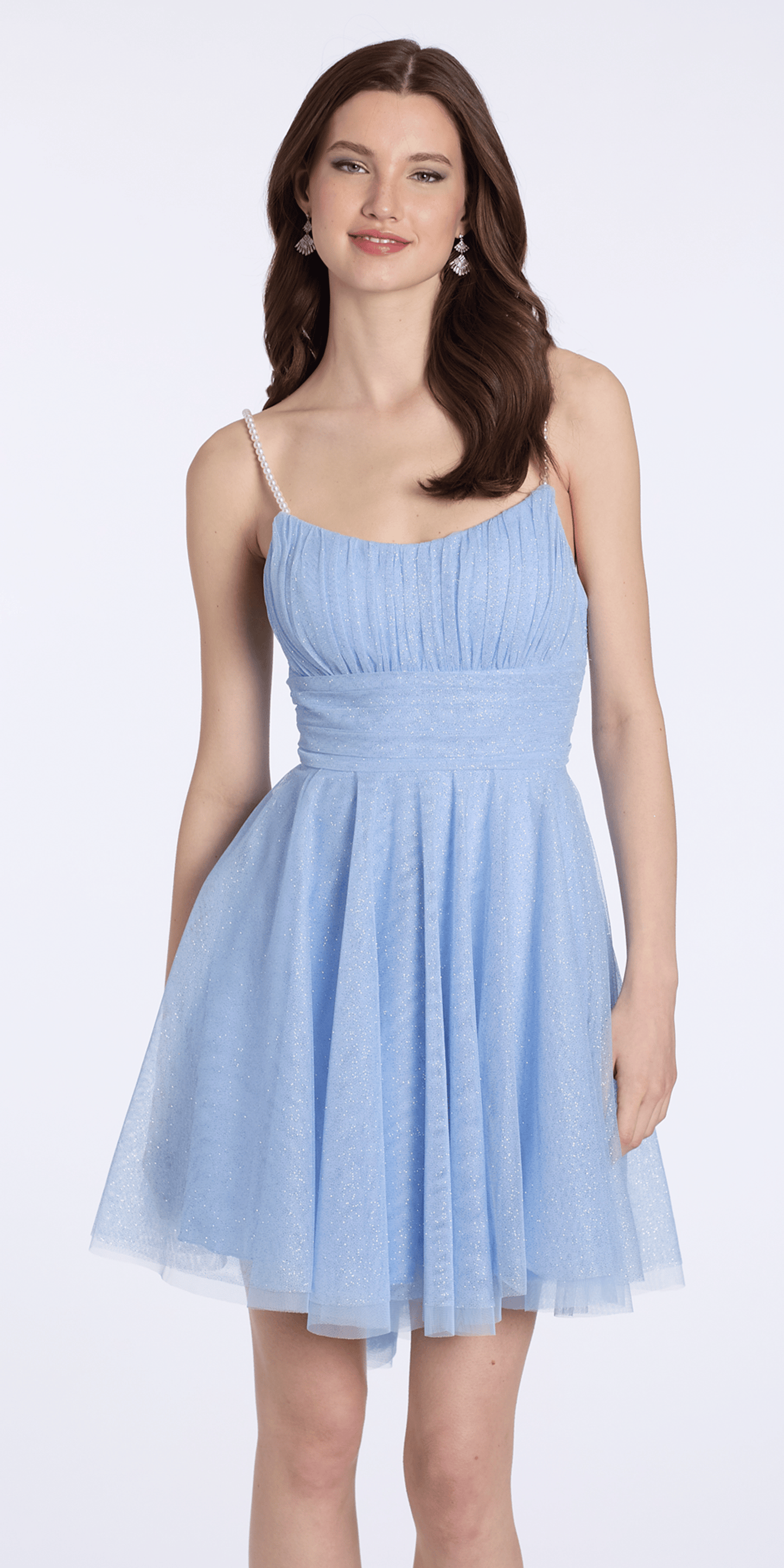 Camille La Vie Glitter Mesh Scoop Neck Fit and Flare Dress with Pearl Straps junior / 4 / periwinkle