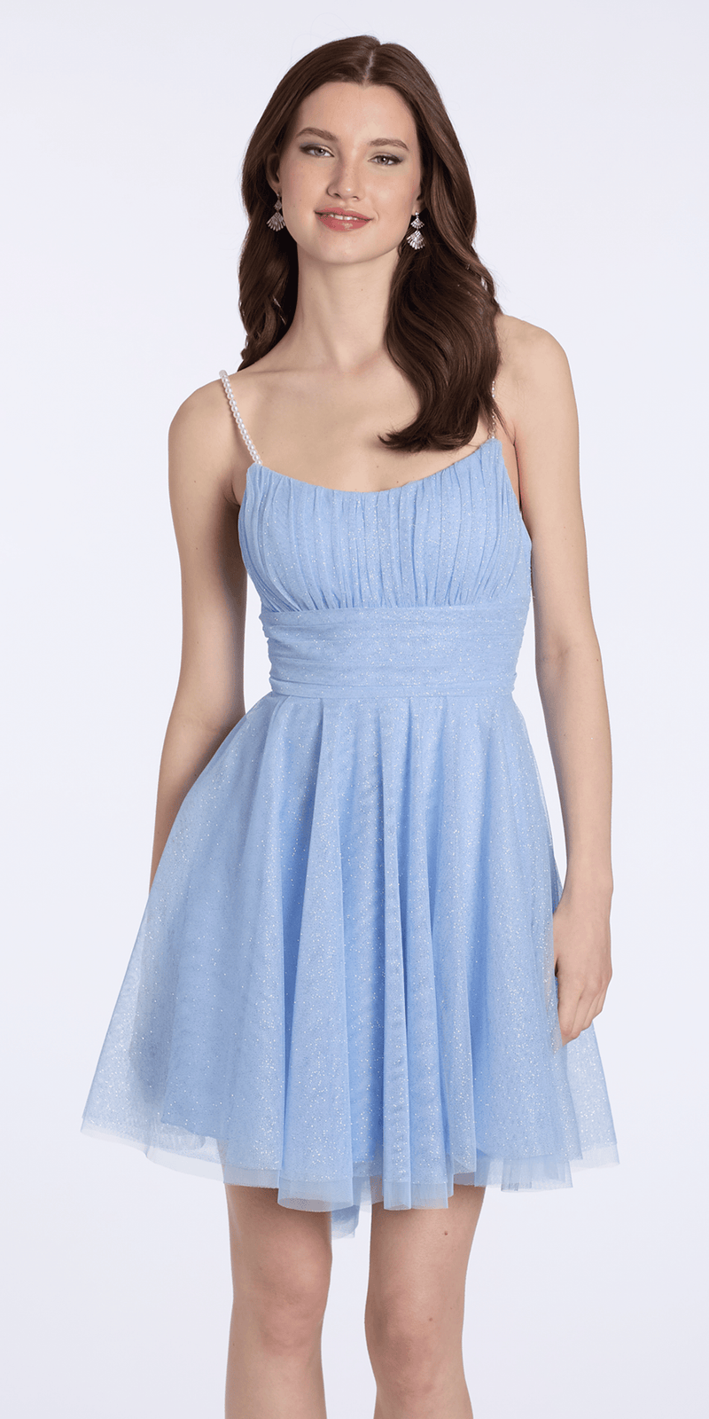 Camille La Vie Glitter Mesh Scoop Neck Fit and Flare Dress with Pearl Straps junior / 4 / periwinkle