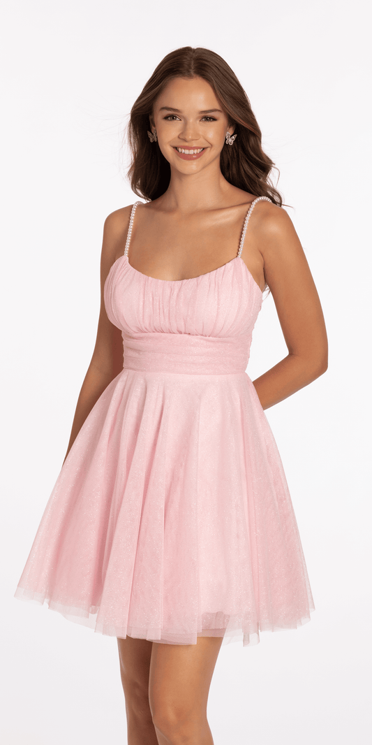 Glitter Mesh Scoop Neck Fit and Flare Dress with Pearl Straps