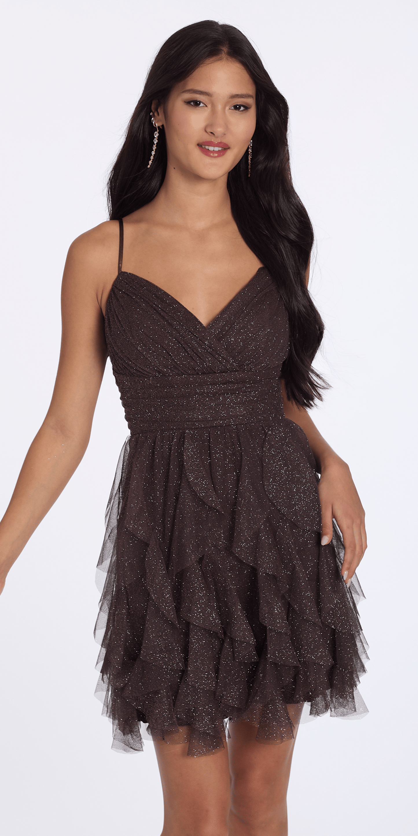 Camille La Vie Lace Up Back Tiered Glitter Mesh Fit and Flare Dress