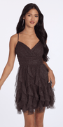 Camille La Vie Lace Up Back Tiered Glitter Mesh Fit and Flare Dress