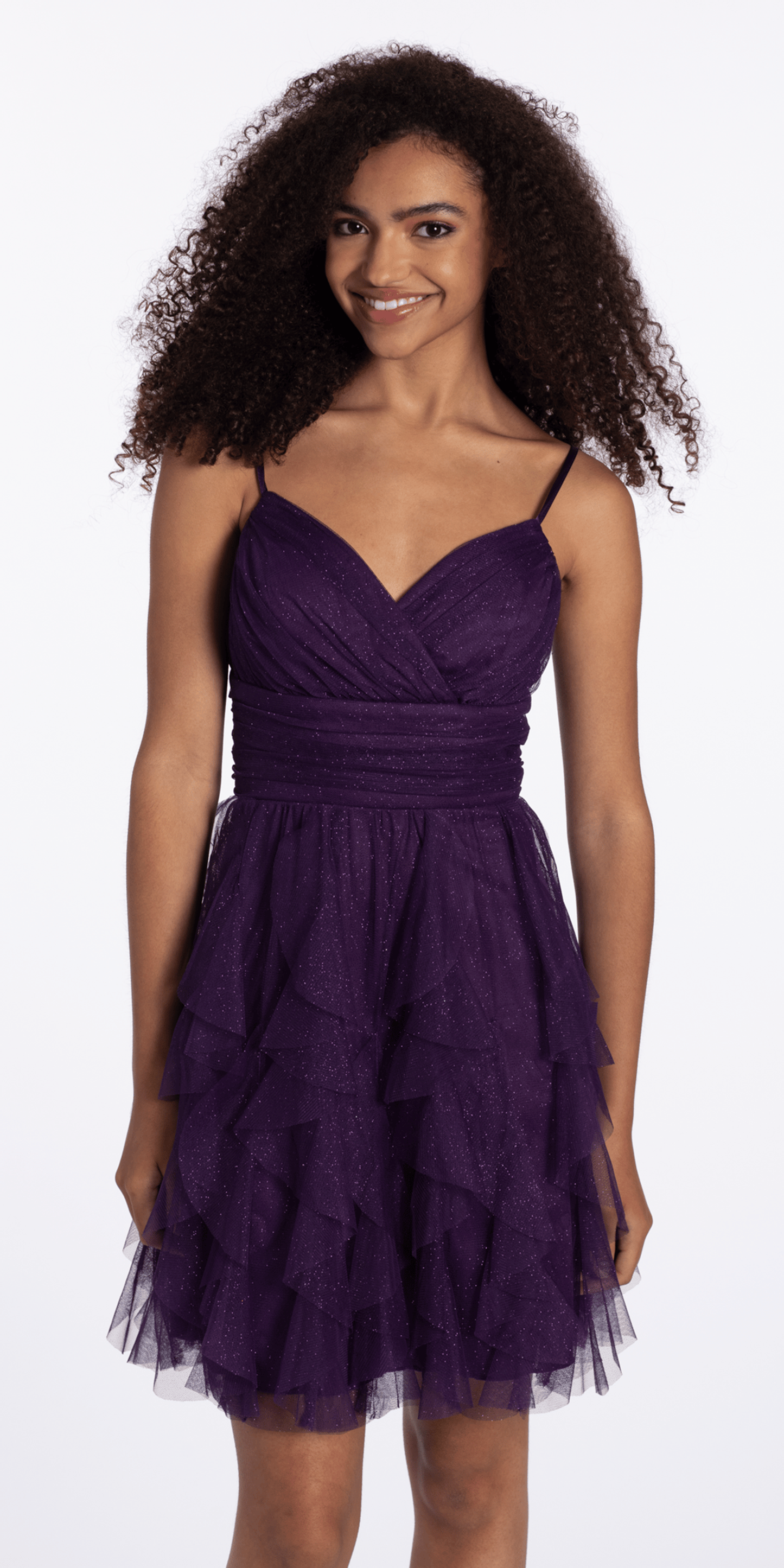 grape/size/4/missy/Camille La Vie/ Lace Up Back Tiered Glitter Mesh Fit and Flare Dress/front 2