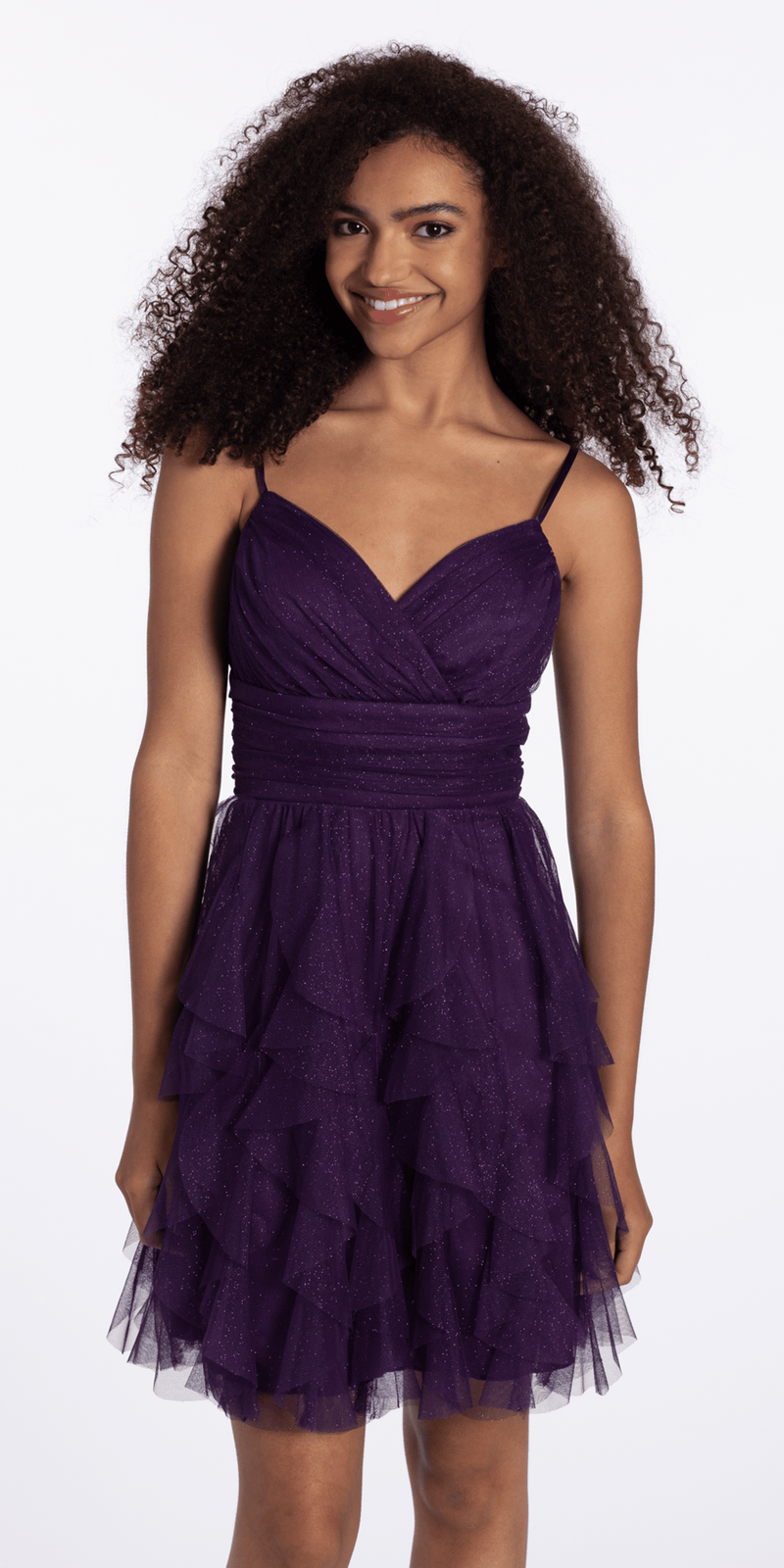 grape/size/4/missy/Camille La Vie/ Lace Up Back Tiered Glitter Mesh Fit and Flare Dress/front 2