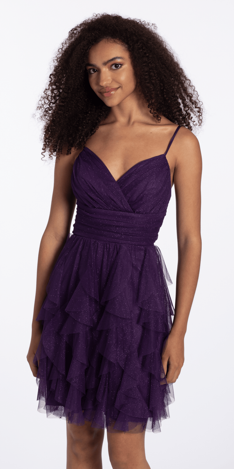 grape/size/4/missy/Camille La Vie/ Lace Up Back Tiered Glitter Mesh Fit and Flare Dress/front