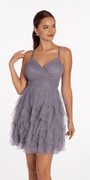 Lace Up Back Tiered Glitter Mesh Fit and Flare Dress Image 5