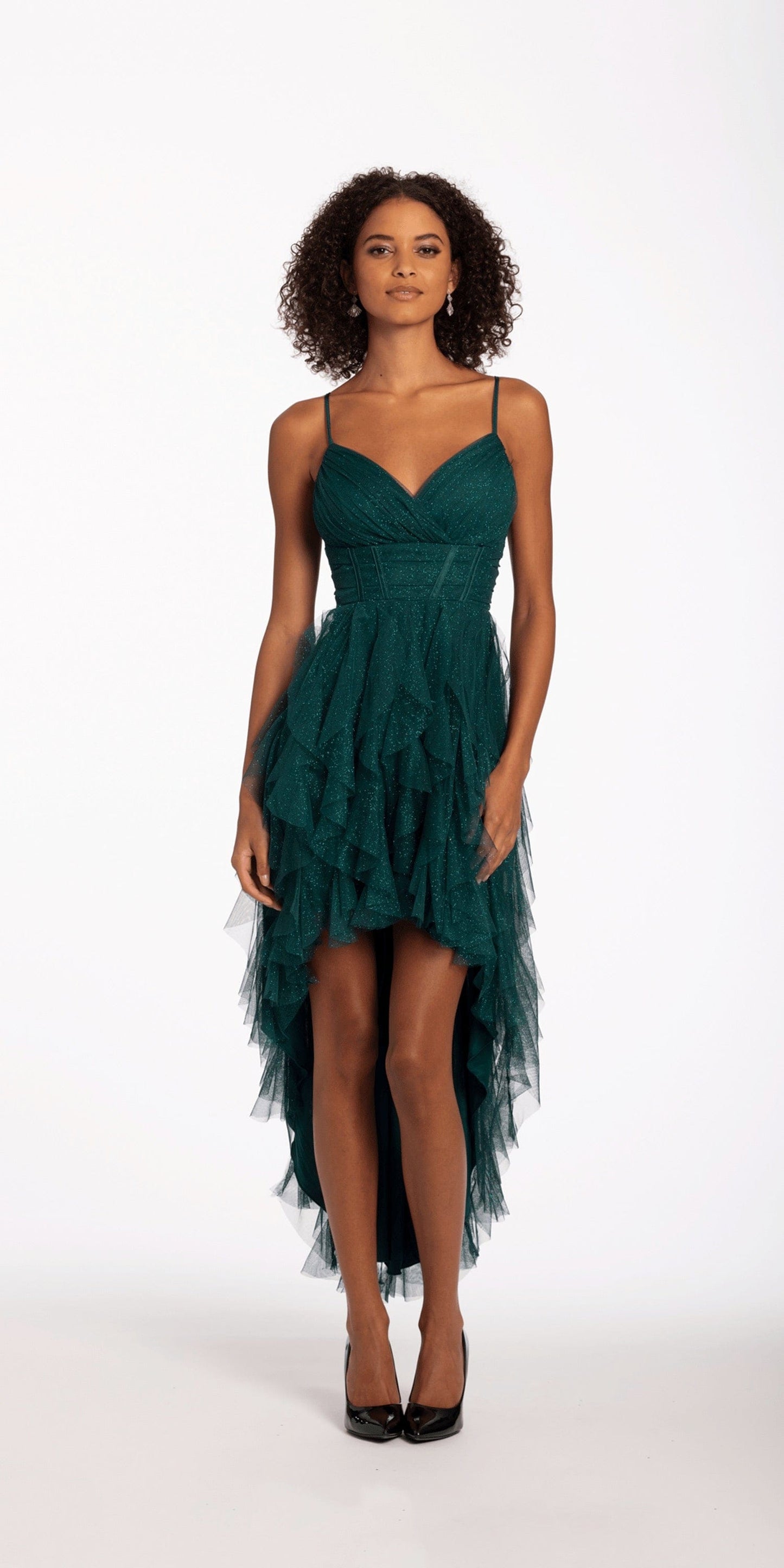 Camille La Vie Glitter Ruched Mesh High Low Dress with Cascade Hem   Dress missy / 4 / emerald