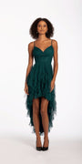 Glitter Ruched Mesh High Low Dress with Cascade Hem Image 1