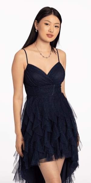 Glitter Ruched Mesh High Low Dress with Cascade Hem Image 4