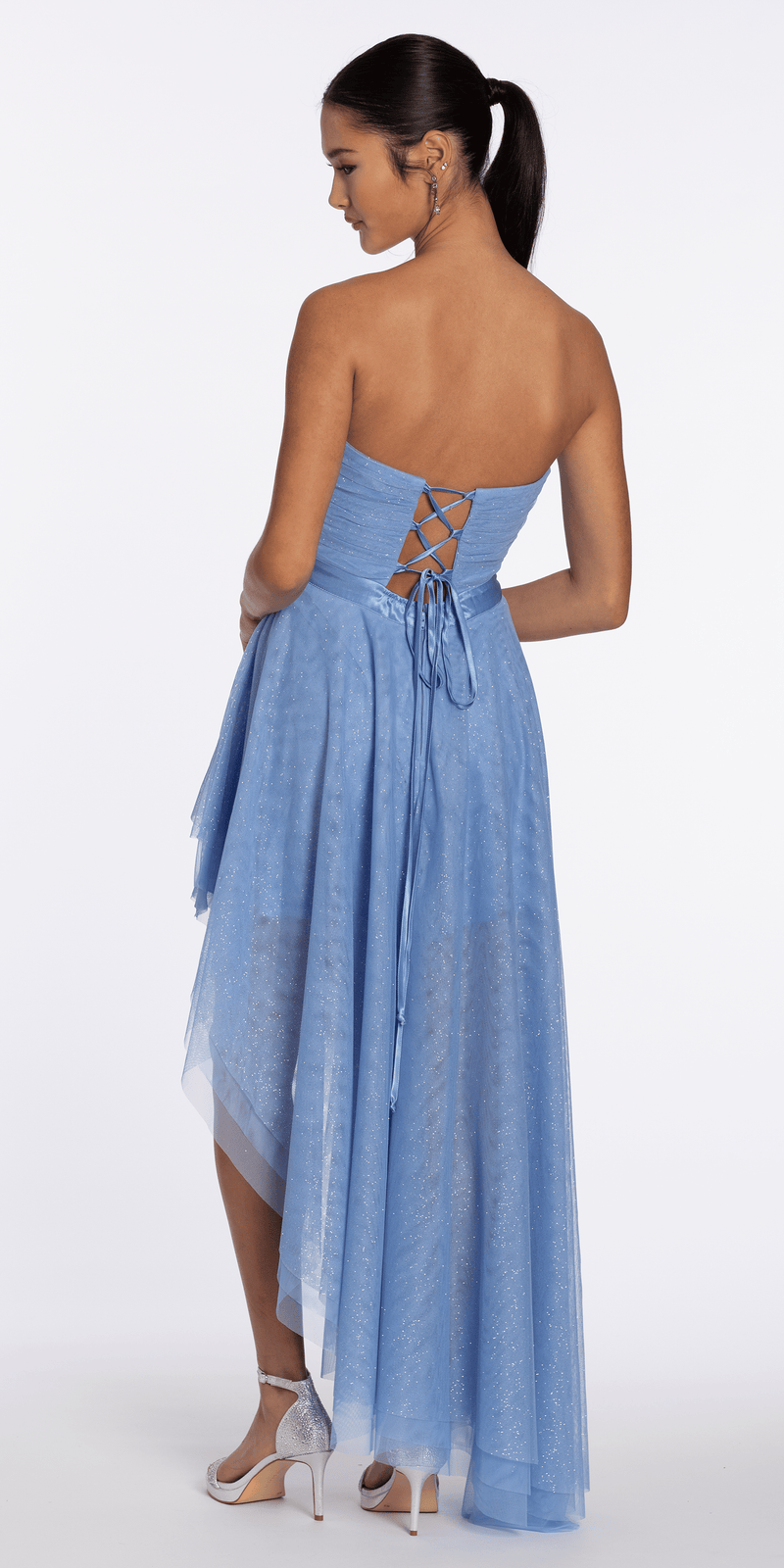how to hem a mesh dress Pleated Glitter Mesh Strapless Dress with Asymmetrical Hem – Camille La Vie