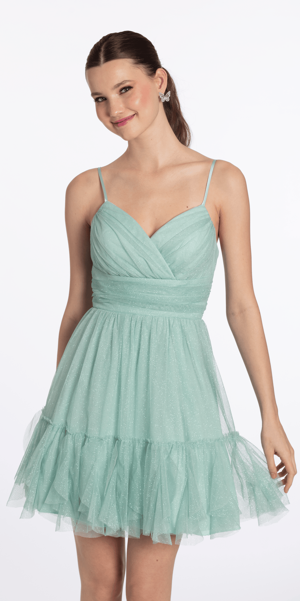 Glitter Mesh Fit and Flare Dress with Ruffle Hem Junior / 4 / Sage Glitter Mesh Fit and Flare Dress with Ruffle Hem Junior / 4 / Sage