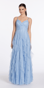 periwinkle/size/4/ missy/Camille La Vie/Sweetheart Mesh Pleated Column Dress with Ruffles/front 