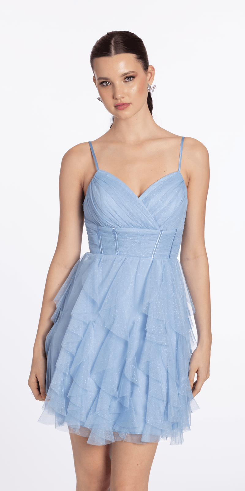 Glitter Mesh Corset Fit and Flare Dress with Tendrils Junior / 10 / Periwinkle Glitter Mesh Corset Fit and Flare Dress with Tendrils Junior / 10 / Periwinkle