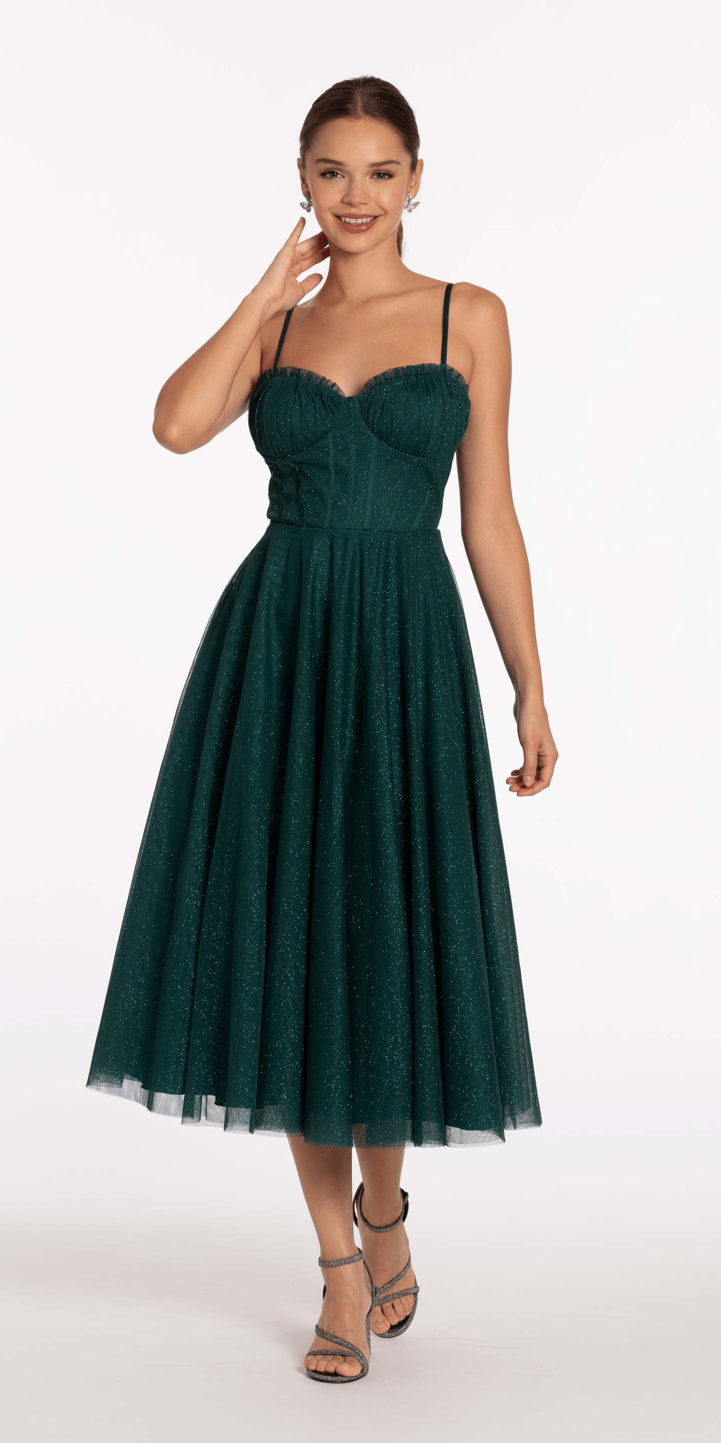 Camille La Vie/ Glitter Mesh Sweetheart Pleated Tea Length Dress/ missy / size /4 / emerald/front