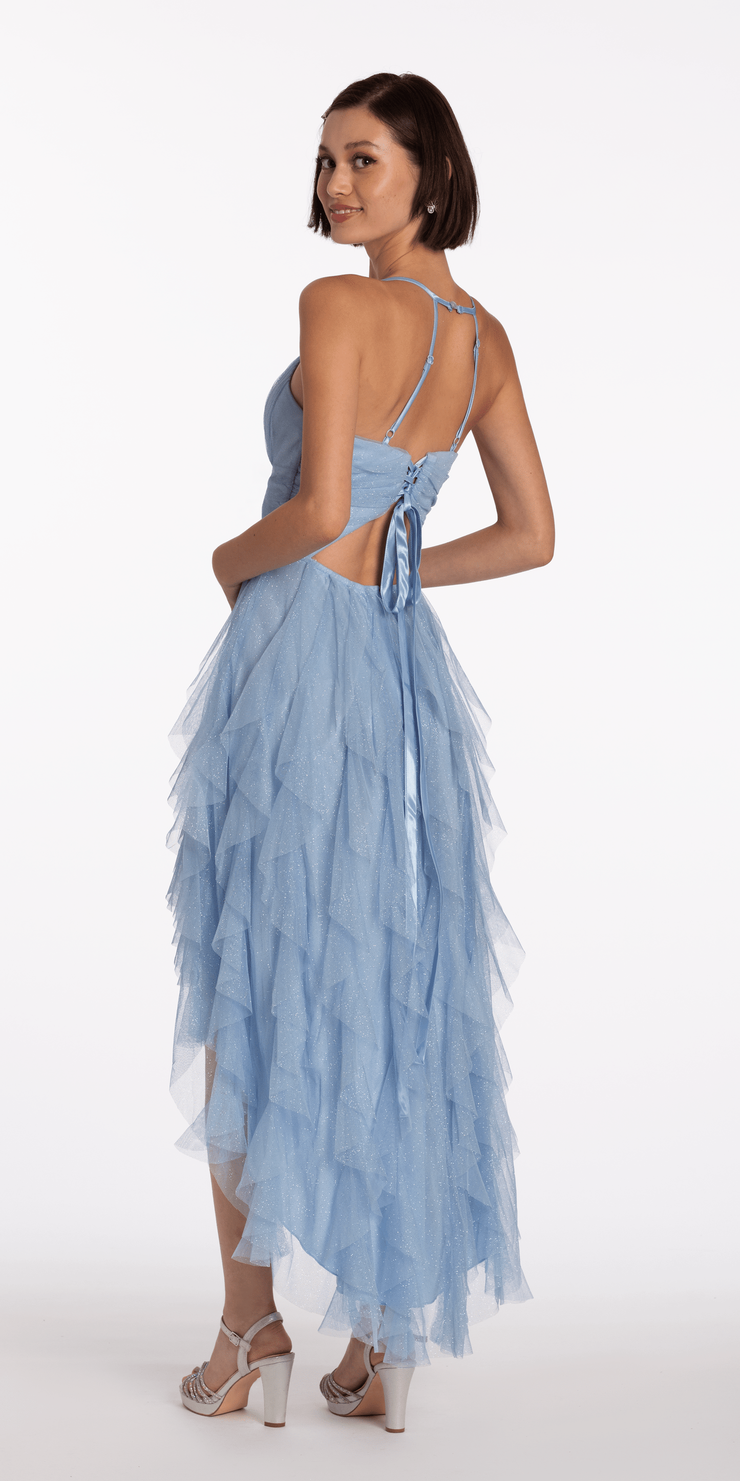 Camille La Vie Glitter Mesh Strappy Lace Up Back High Low Dress