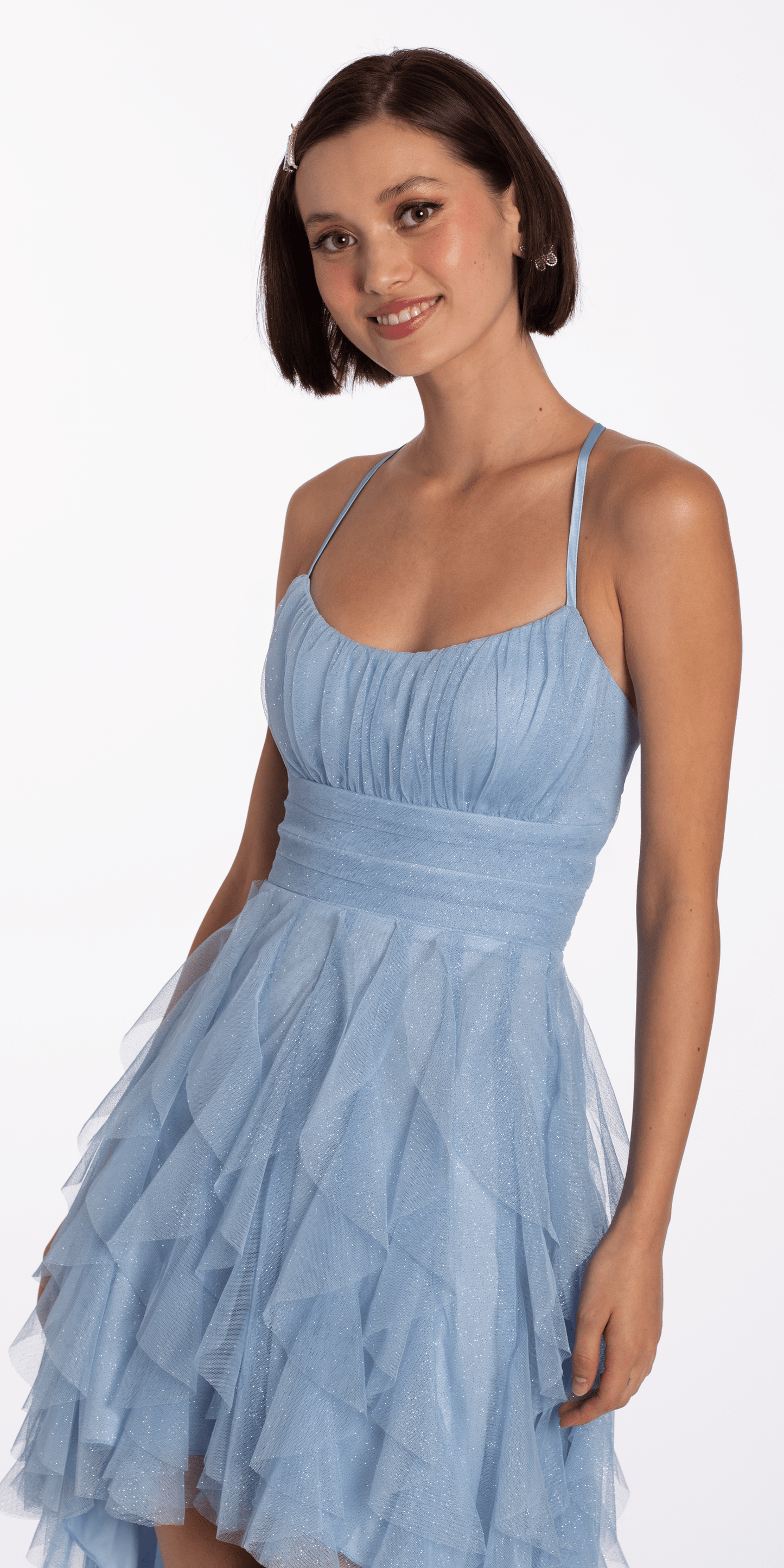 Camille La Vie /Glitter Mesh Strappy Lace Up Back High Low Dress / junior / 4 / periwinkle/close up
