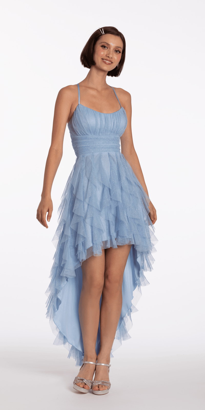 Glitter Mesh Strappy Lace Up Back High Low Dress Image 3
