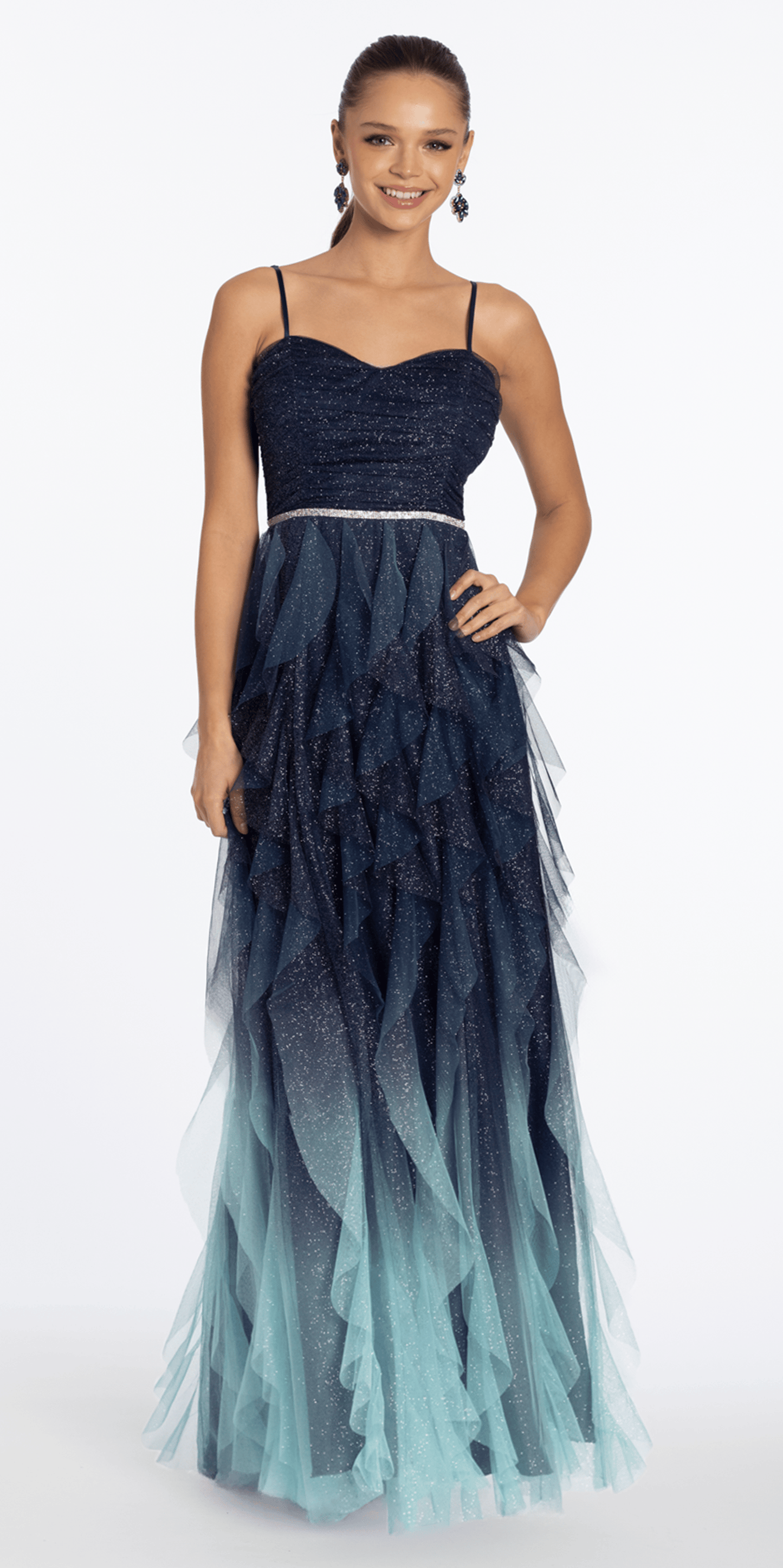 navy/size/4/ missy/Camille La Vie/Strappy Back Ombre Glitter Mesh A Line Dress with Rhinestone Detail /front
