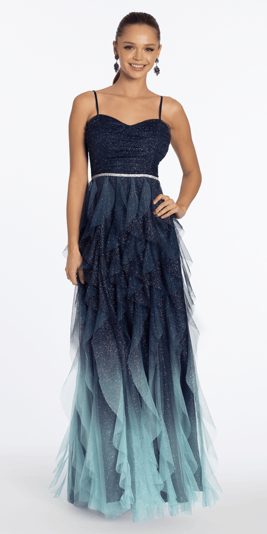 Strappy Back Ombre Glitter Mesh A Line Dress with Rhinestone Detail junior / 4 / navy