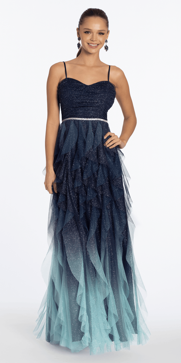 navy/size/4/ missy/Camille La Vie/Strappy Back Ombre Glitter Mesh A Line Dress with Rhinestone Detail /front