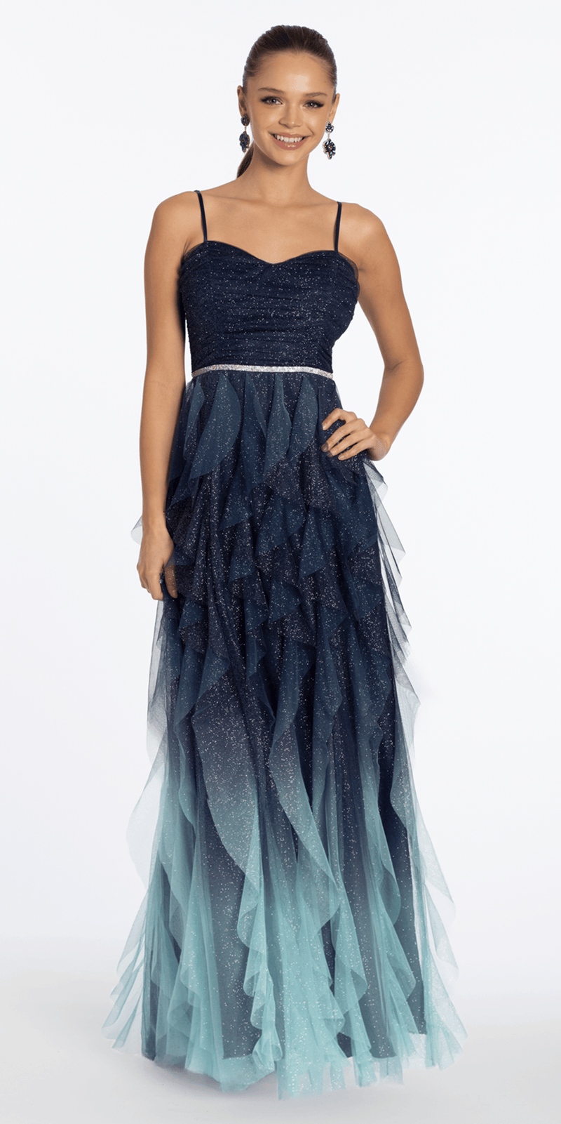 Strappy Back Ombre Glitter Mesh A Line Dress with Rhinestone Detail junior / 4 / navy