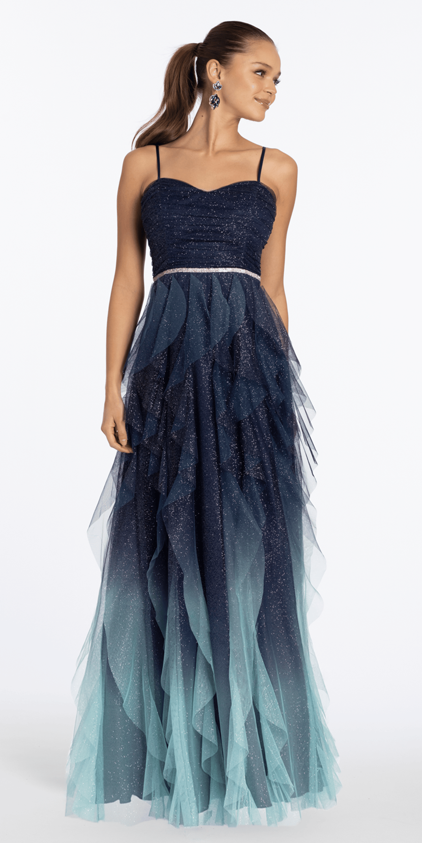 Strappy Back Ombre Glitter Mesh A Line Dress with Rhinestone Detail junior / 4 / navy