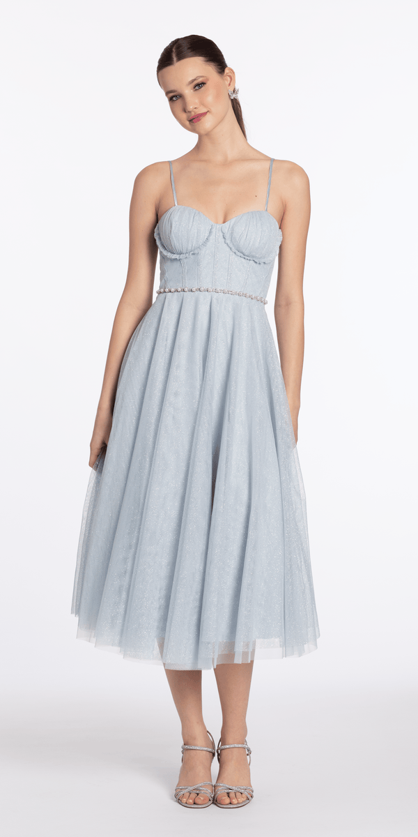Glitter Mesh Corset Tea Length Dress with Pearl Waist Image 1