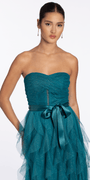 teal/ size/4/missy/Camille La Vie/Strapless Glitter Mesh Ombre A Line Dress with Tendrils /close up