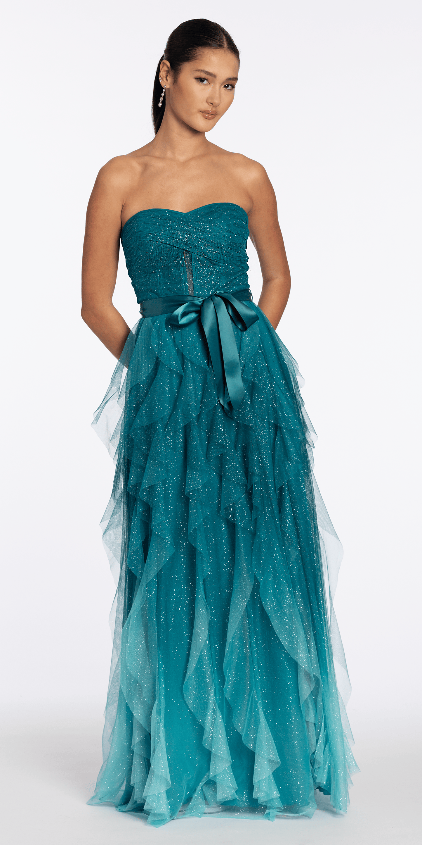 Strapless Glitter Mesh Ombre A Line Dress with Tendrils junior / 14 / teal Strapless Glitter Mesh Ombre A Line Dress with Tendrils junior / 14 / teal