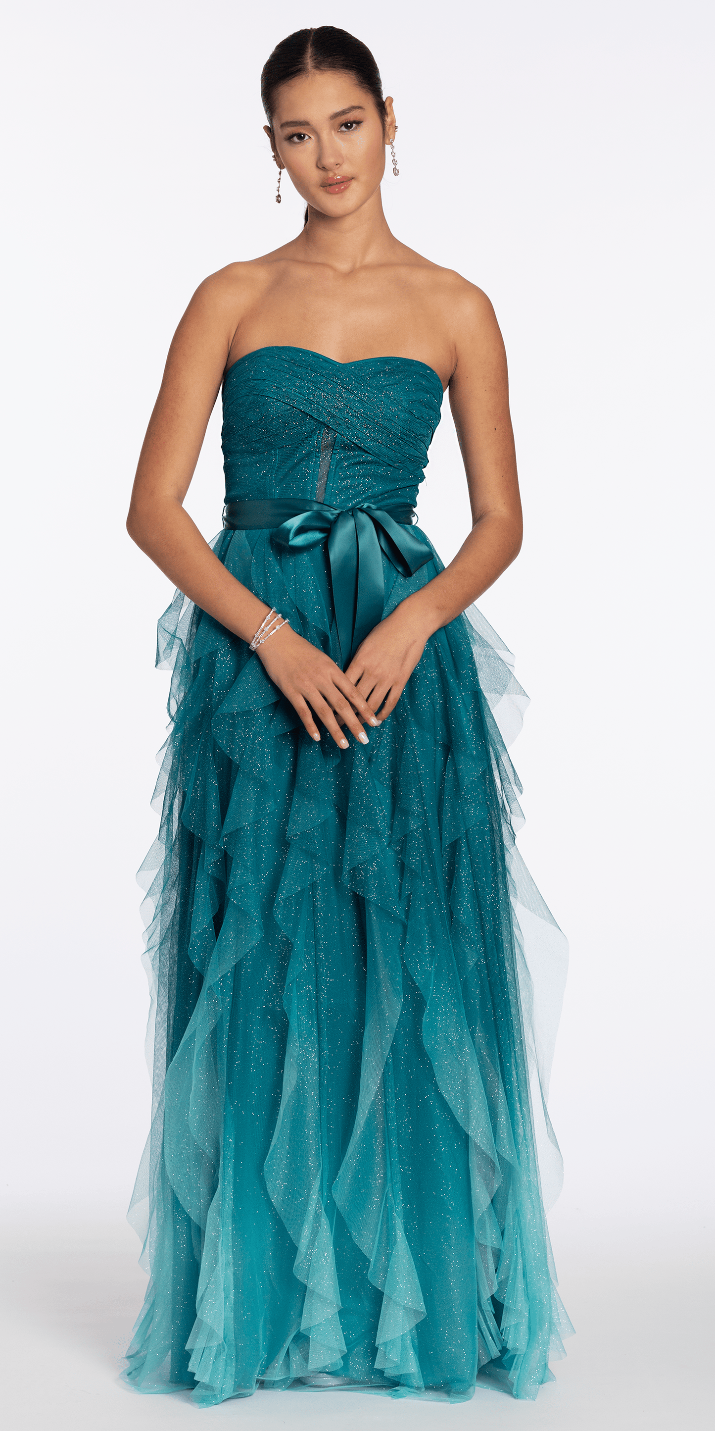 teal/ size/4/missy/Camille La Vie/Strapless Glitter Mesh Ombre A Line Dress with Tendrils /front alt