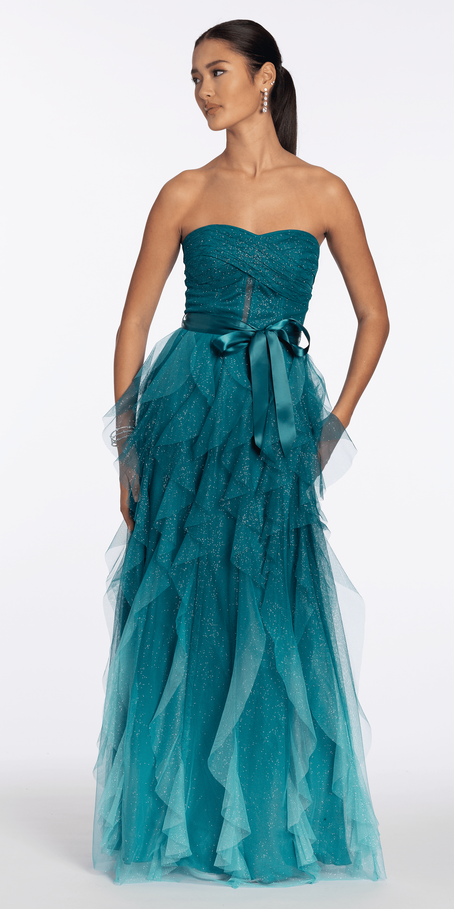 teal/ size/4/missy/Camille La Vie/Strapless Glitter Mesh Ombre A Line Dress with Tendrils /front alt 2