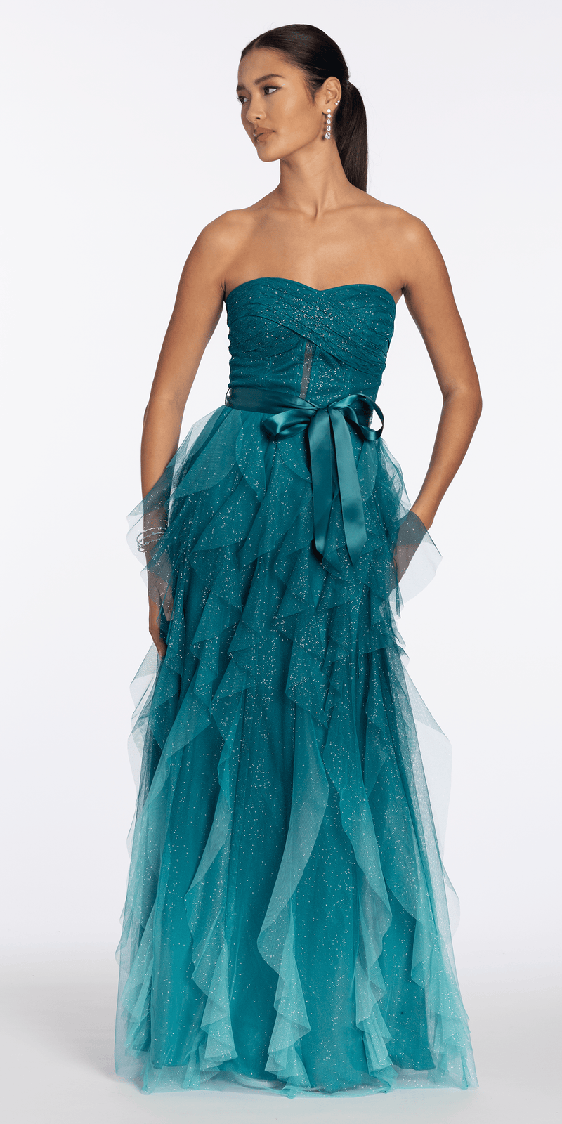 Strapless Glitter Mesh Ombre A Line Dress with Tendrils Camille La Vie Strapless Glitter Mesh Ombre A Line Dress with Tendrils Camille La Vie