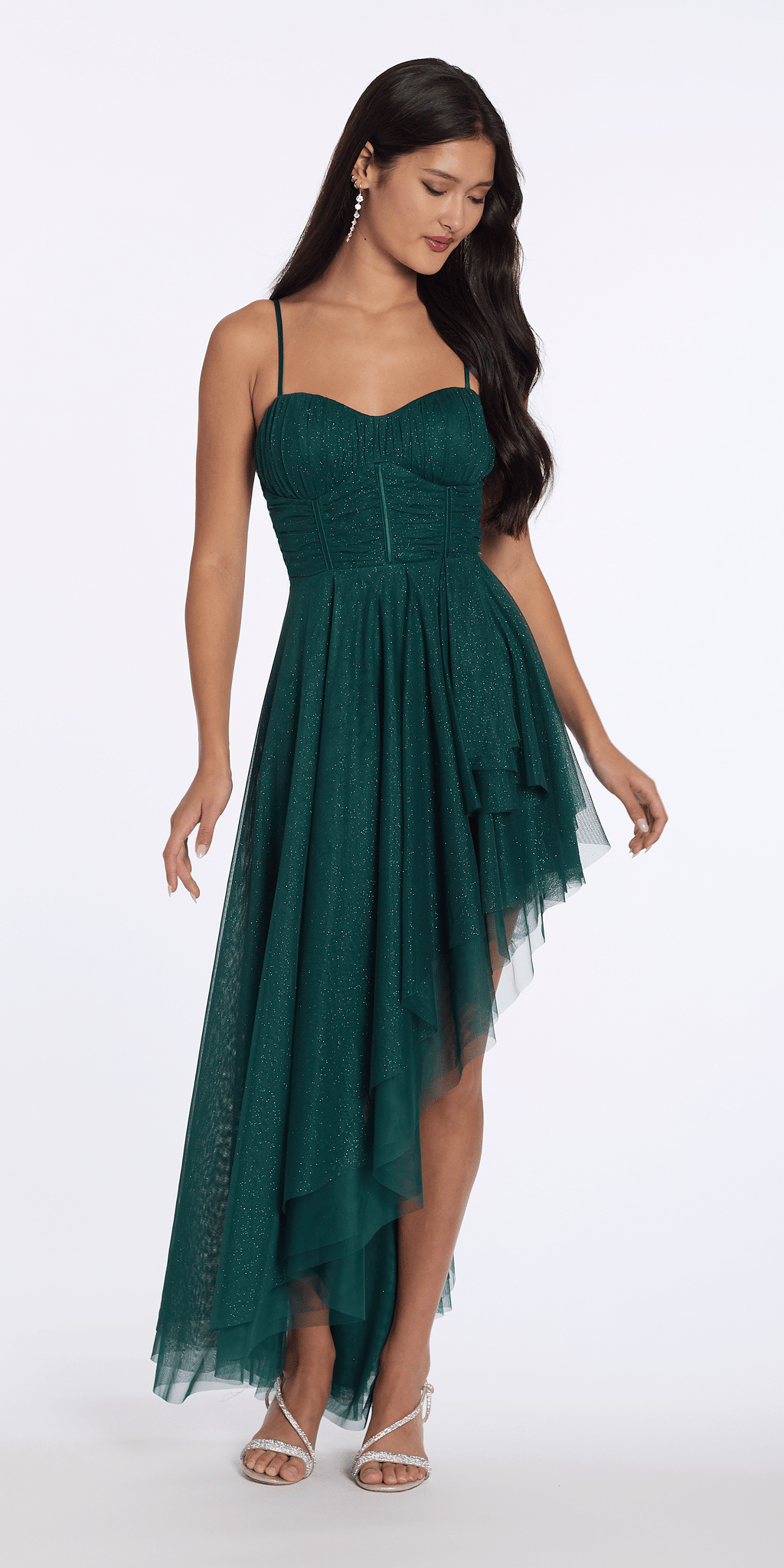 Camille La Vie Strappy Back Glitter Mesh Sweetheart Corset High-Low Dress