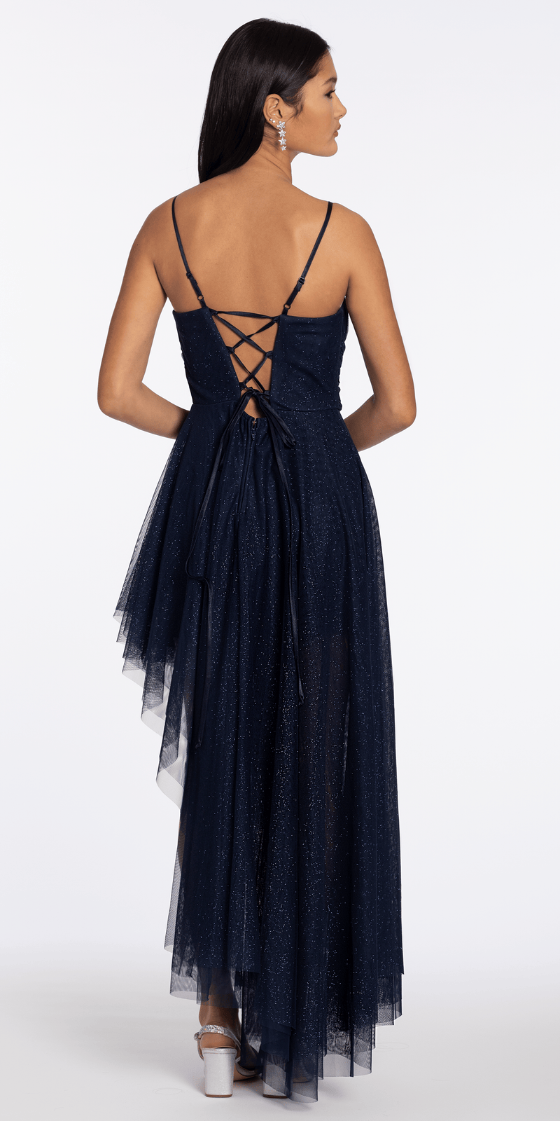 Strappy Back Glitter Mesh Sweetheart Corset High-Low Dress junior / 6 / navy