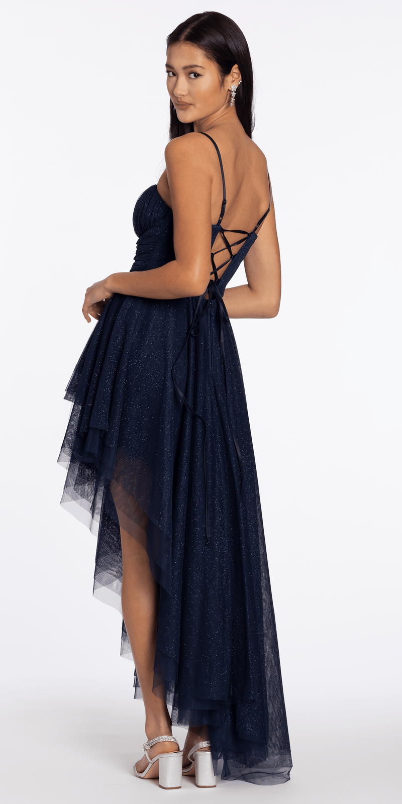 navy blue high low dress Strappy Back Glitter Mesh Sweetheart Corset High-Low Dress junior / 6 / navy