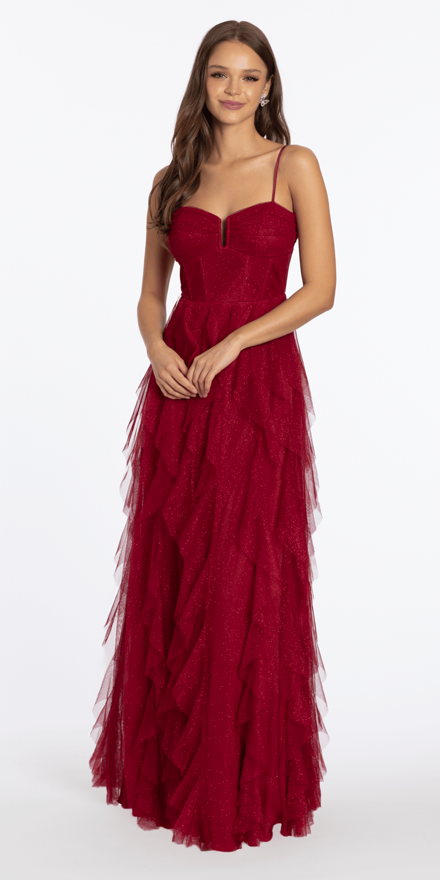 crimson/size/4/missy/Camille La Vie/ Lace Up Back Glitter Mesh Corset A line Dress with Tendrils/front