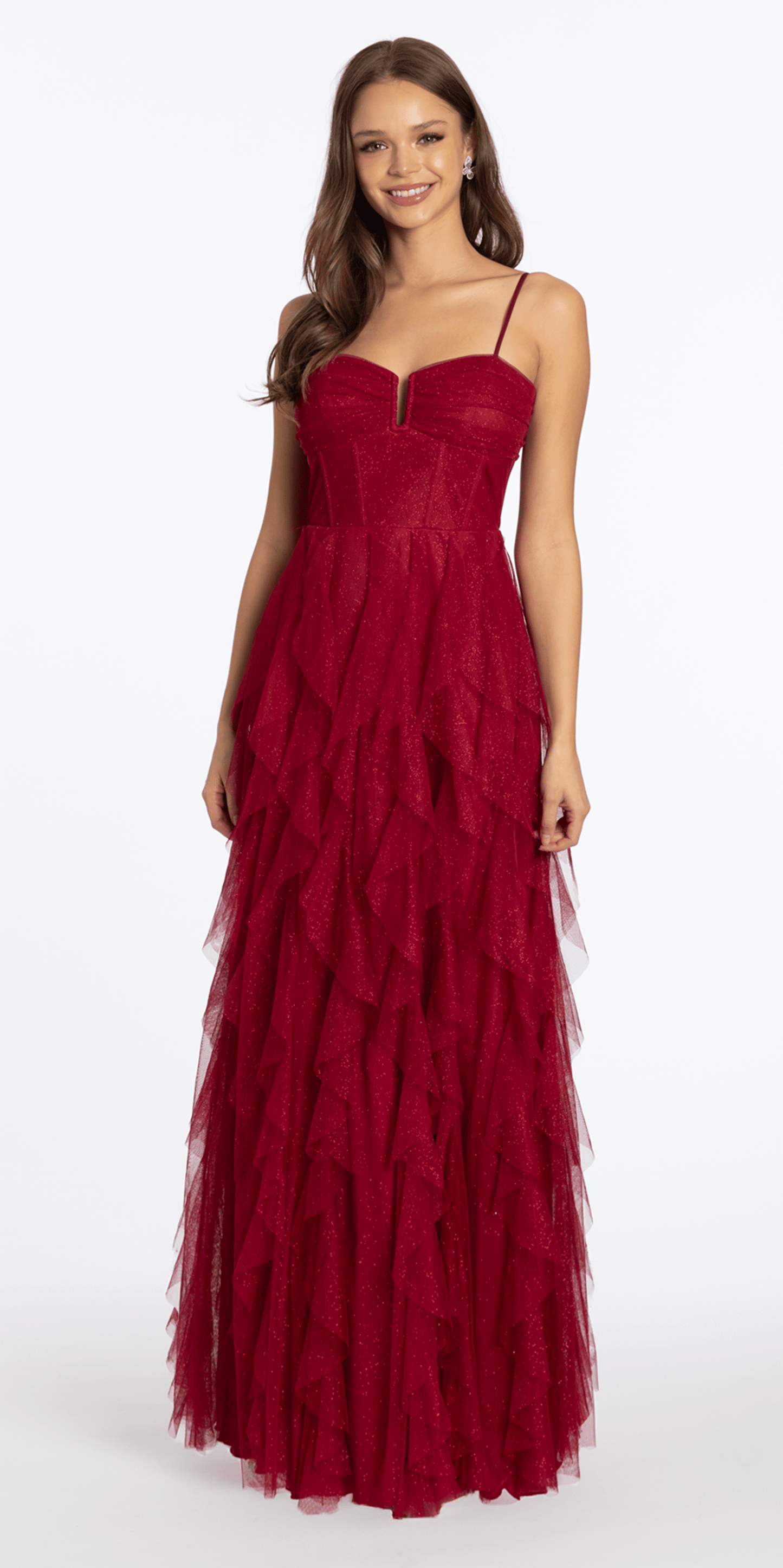 Camille La Vie /Lace Up Back Glitter Mesh Corset A Line Dress with Tendrils/crimson/ missy/ 2 / front alt