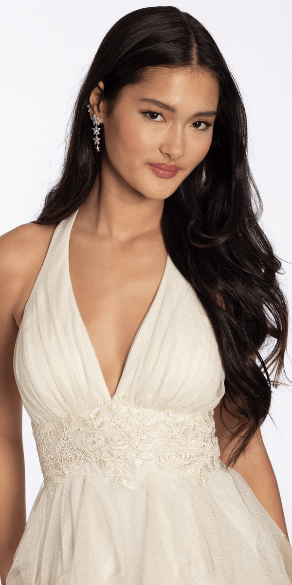 maize/size/4/missy/ Camille La Vie/Glitter Mesh Halter Fit and Flare Dress with Embroidered Waist /close up