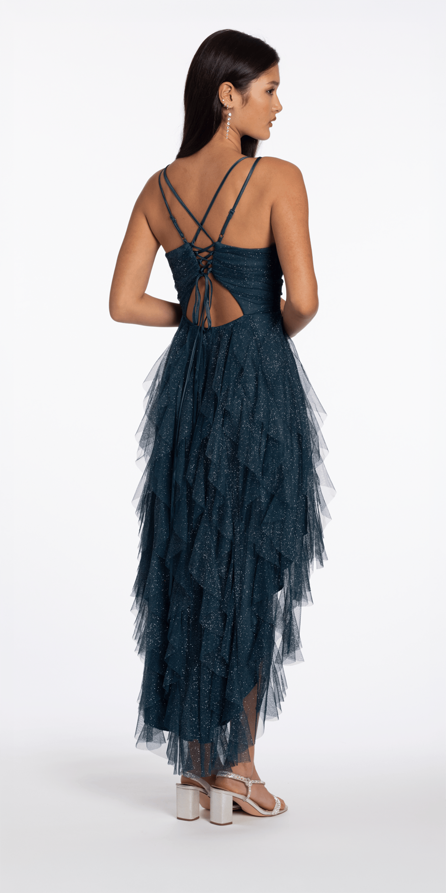 teal/size/2/missy/Camille La Vie/Strappy Back Glitter Mesh High Low Dress with Tendrils/back