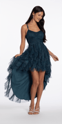 teal/size/2/missy/Camille La Vie/Strappy Back Glitter Mesh High Low Dress with Tendrils/front 2