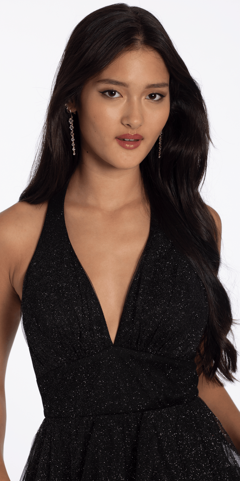 black-silver/size/2/missy/Camille La Vie/Glitter Mesh Halter Fit and Flare Dress with Tendrils/crop 2