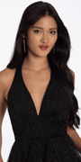 black-silver/size/2/missy/Camille La Vie/Glitter Mesh Halter Fit and Flare Dress with Tendrils/crop 2