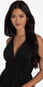 black-silver/size/2/missy/Camille La Vie/Glitter Mesh Halter Fit and Flare Dress with Tendrils/crop