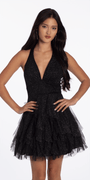 black-silver/size/2/missy/Camille La Vie/Glitter Mesh Halter Fit and Flare Dress with Tendrils/front 2