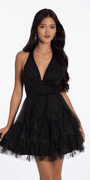 black-silver/size/2/missy/Camille La Vie/Glitter Mesh Halter Fit and Flare Dress with Tendrils/front 