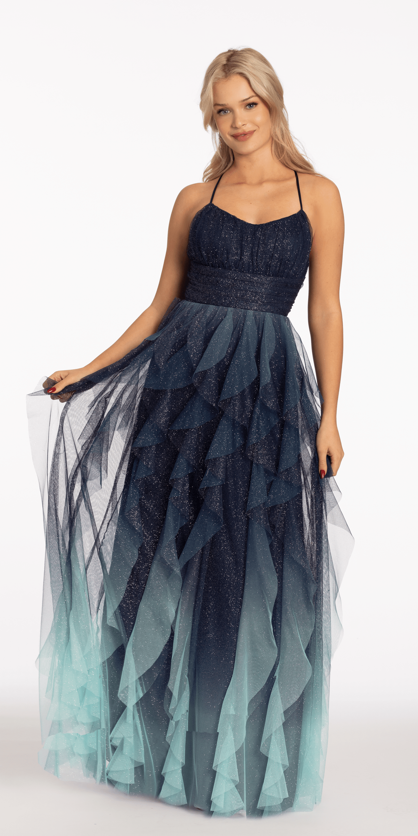 Camille La Vie Ombre Sweetheart Mesh Dress with Tiered Skirt missy / 2 / navy