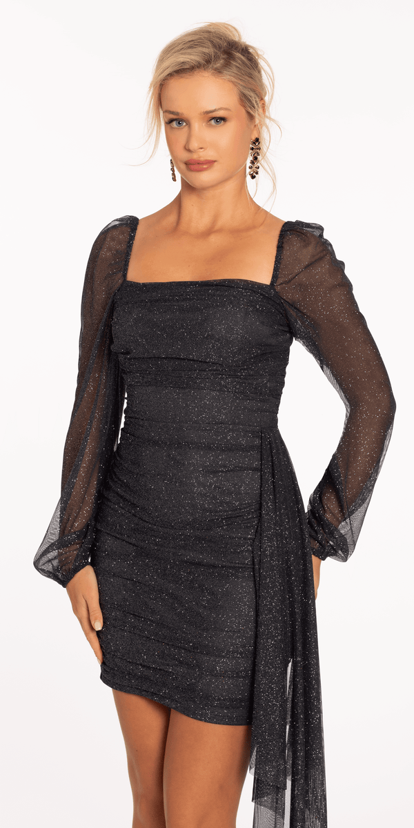 Glitter Mesh Long Sleeve Shirred Bodycon Dress with Side Cascade Image 4