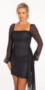 Glitter Mesh Long Sleeve Shirred Bodycon Dress with Side Cascade Image 4