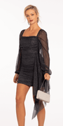 Glitter Mesh Long Sleeve Shirred Bodycon Dress with Side Cascade Image 3